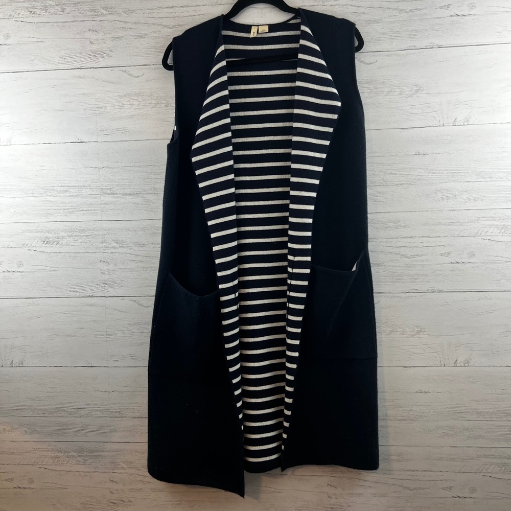 Moth Navy Blue Striped Open Front Duster Vest One Size